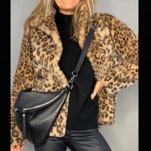 Full Size Leopard Furry Collared Neck Long Sleeve Coat